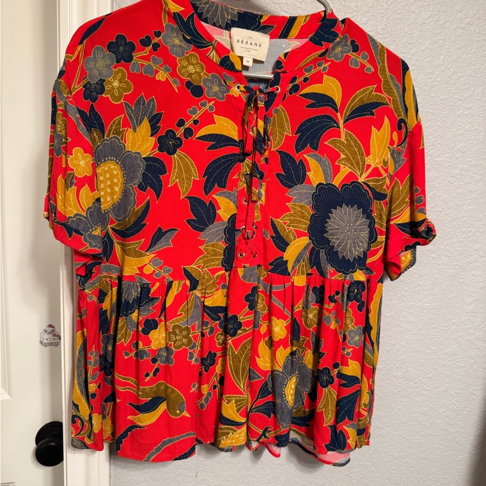 Sezane Red and Gold Floral Blouse